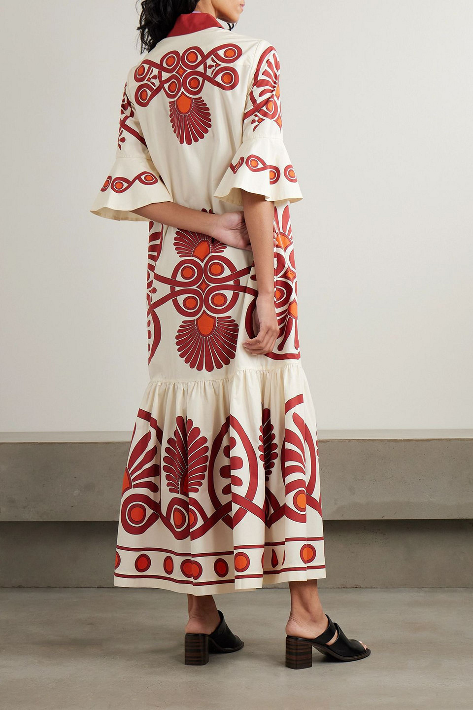 La Doublej Artemis Tiered Gathered Printed Cotton Maxi Shirt Dress In White