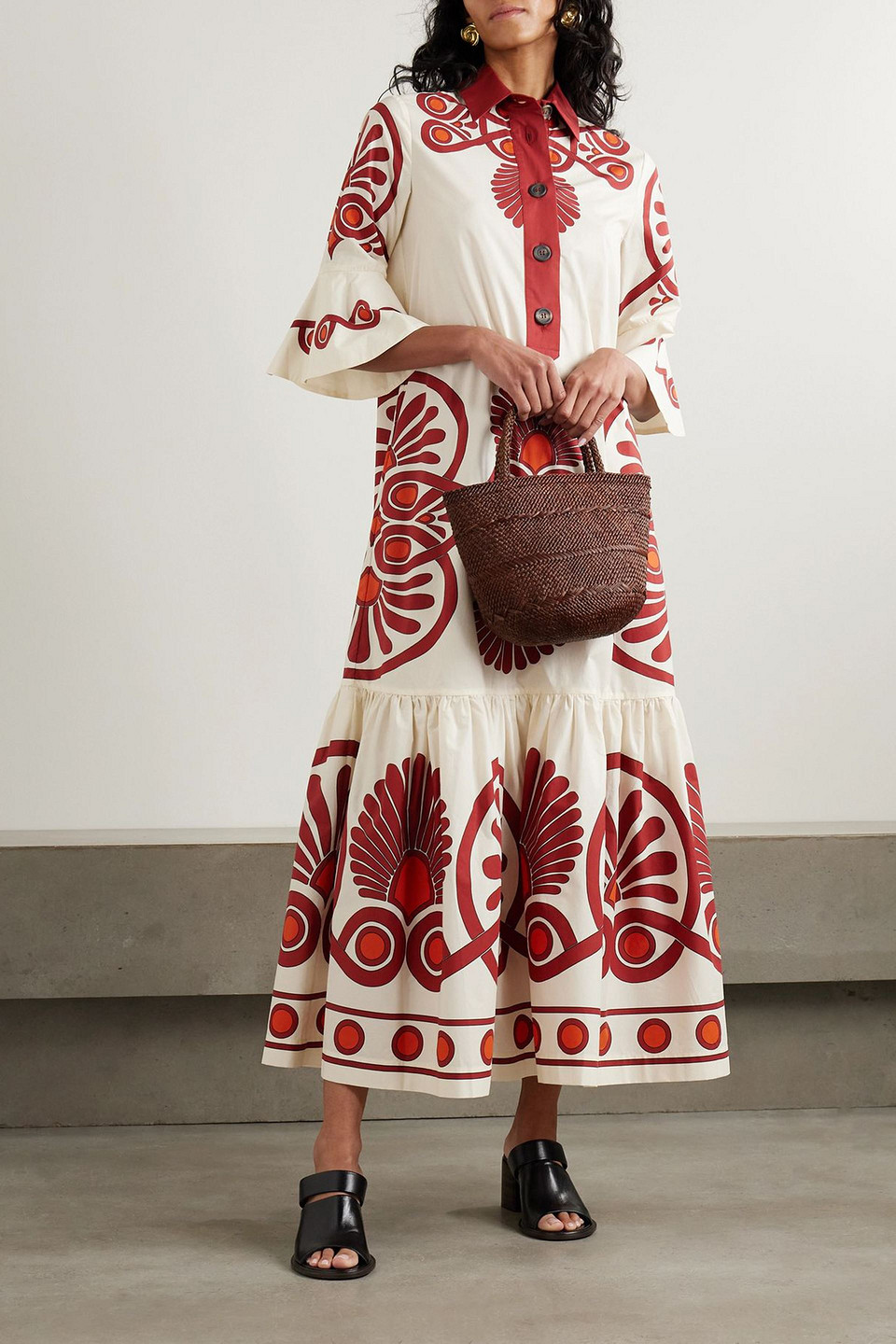 La Doublej Artemis Tiered Gathered Printed Cotton Maxi Shirt Dress In White