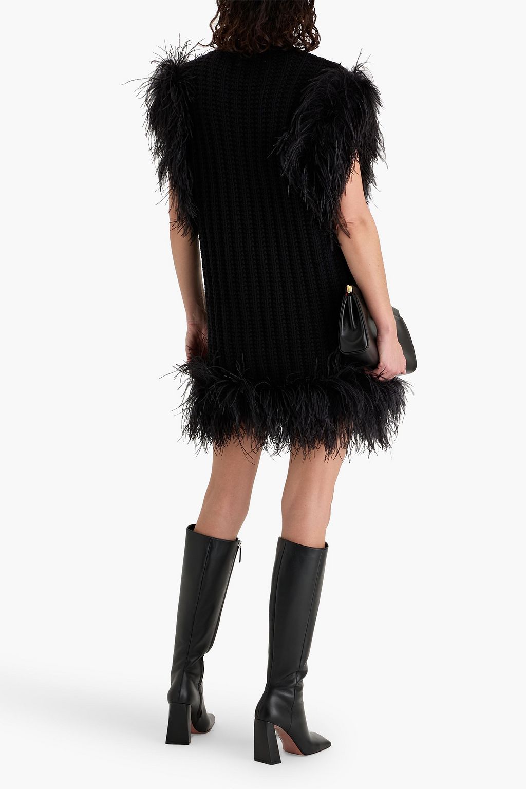 VALENTINO GARAVANI Ribbed feather-embellished wool mini dress