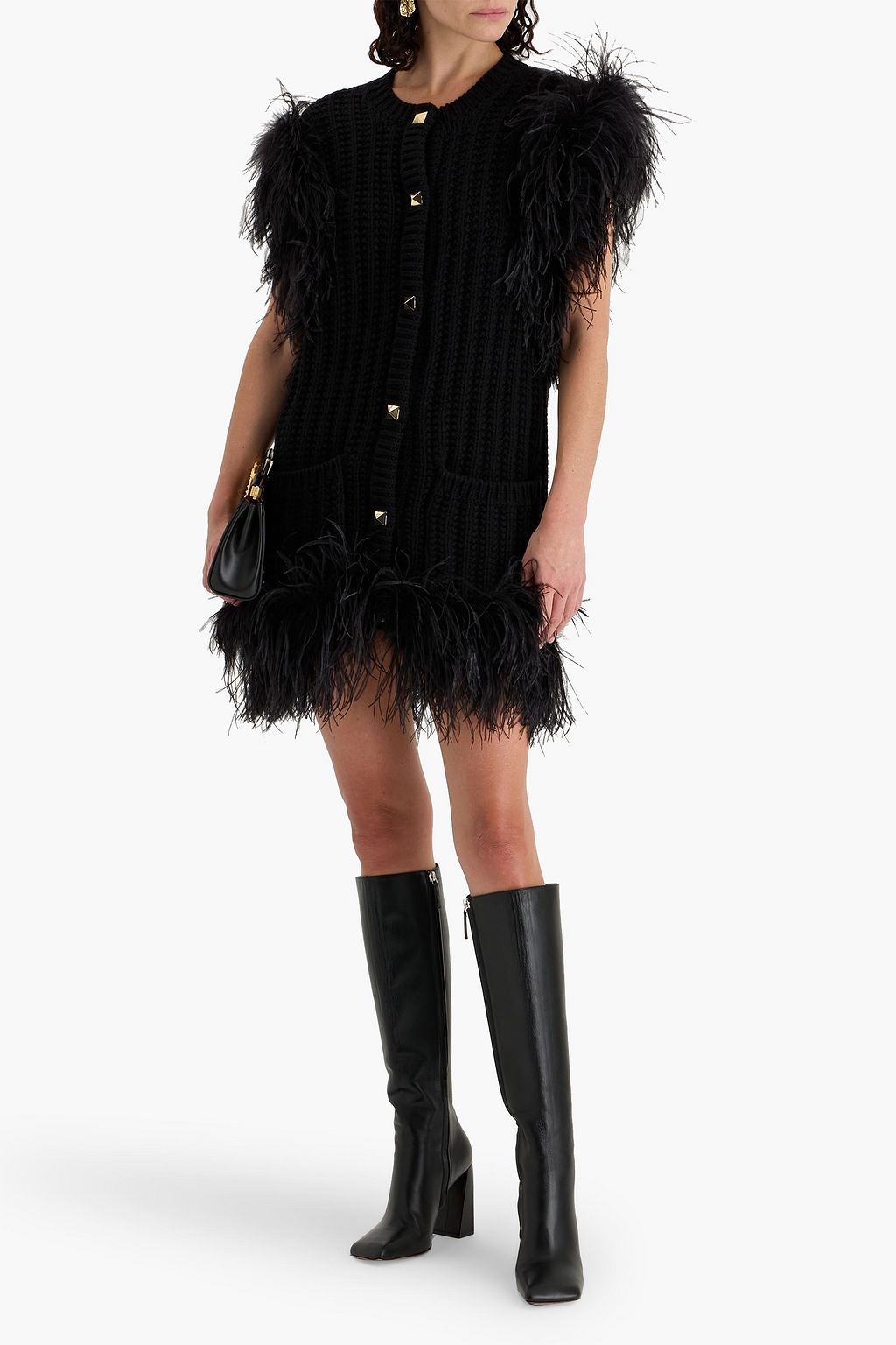 VALENTINO GARAVANI Ribbed feather-embellished wool mini dress
