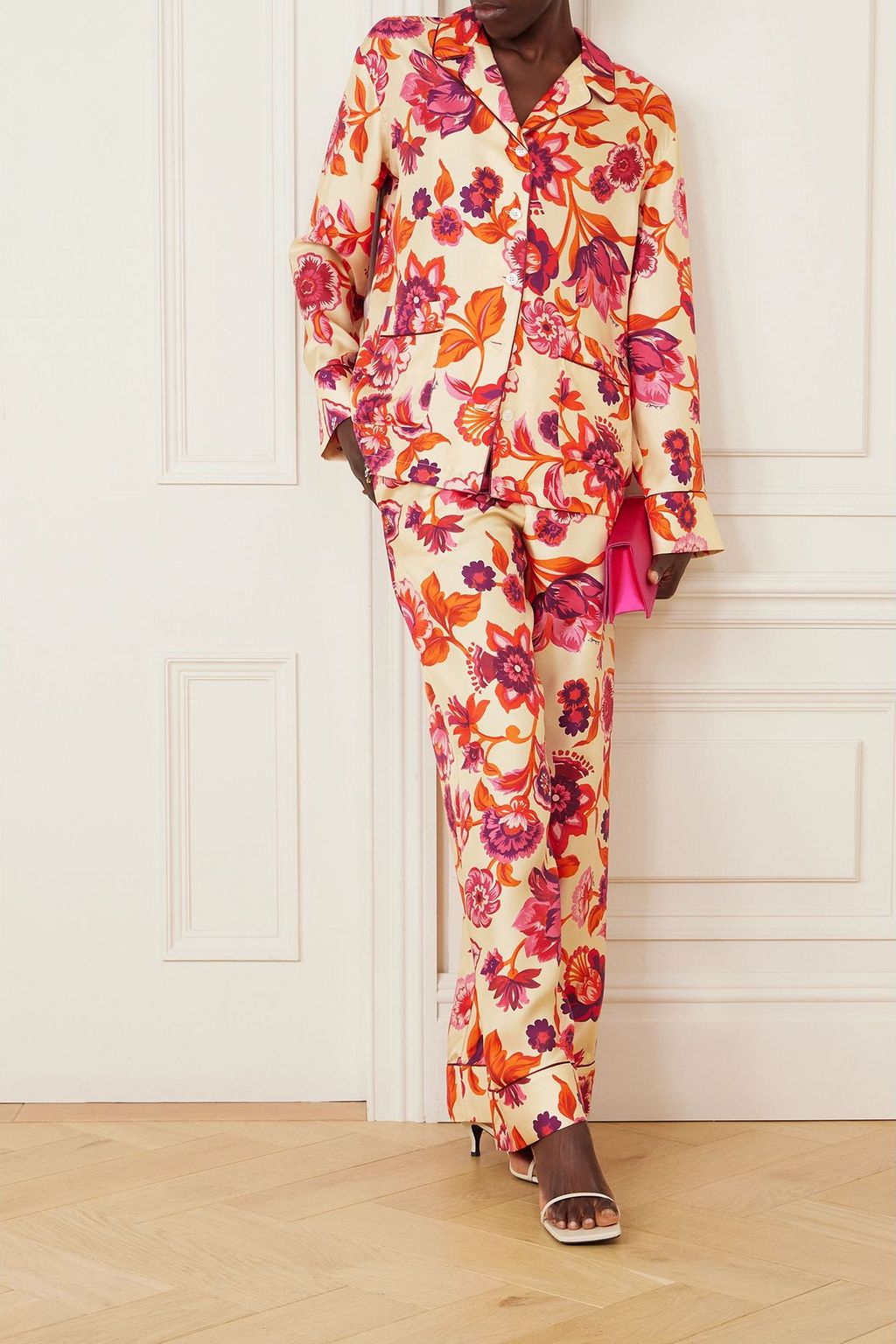 LA DOUBLEJ Floral-print silk-twill pajama shirt