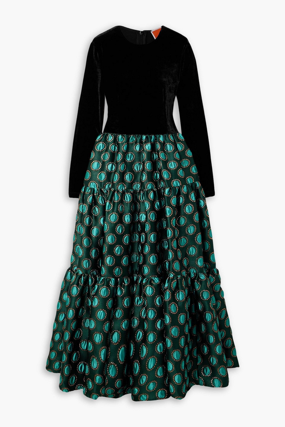 La Doublej Big Tiered Velvet And Jacquard Maxi Dress In Green