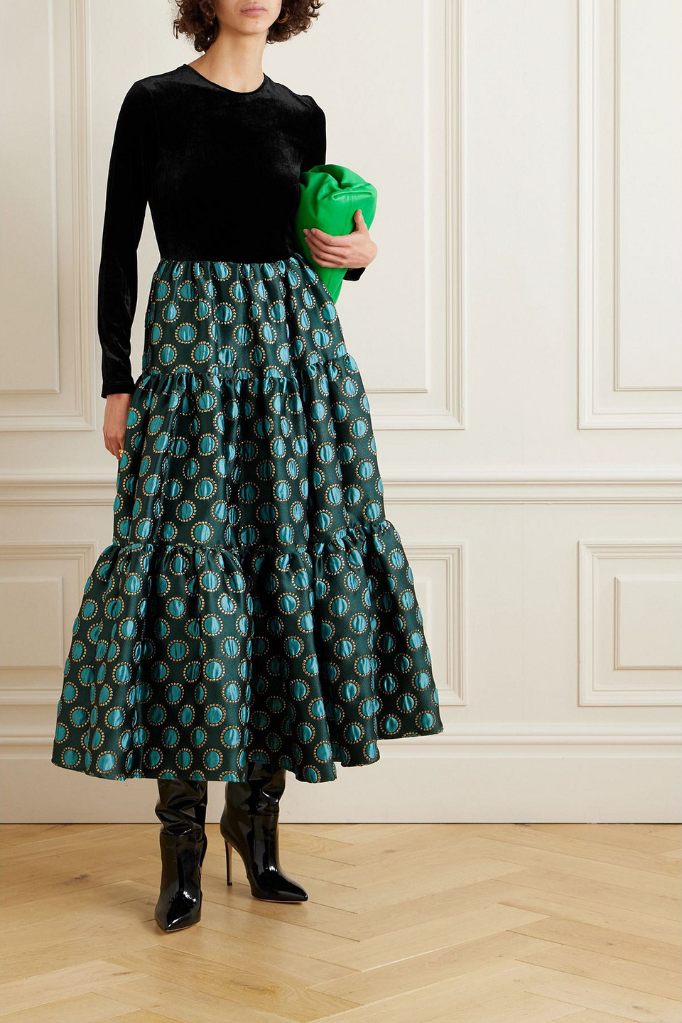 La Doublej Big Tiered Velvet And Jacquard Maxi Dress In Green