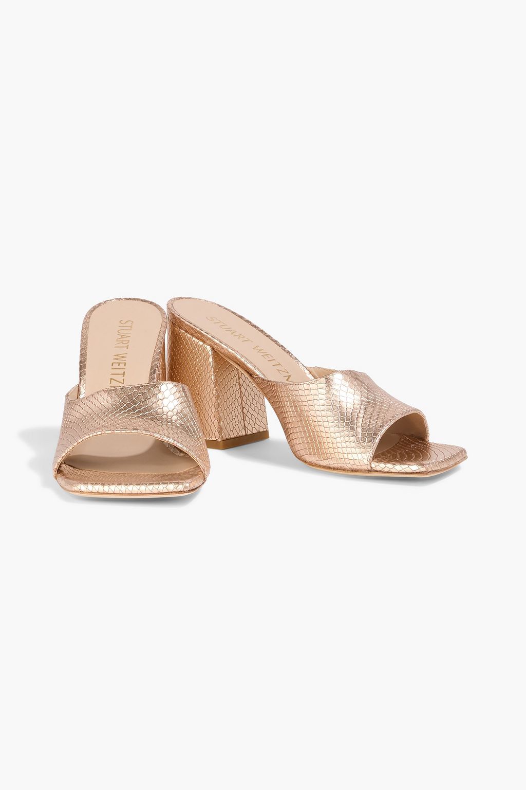 STUART WEITZMAN Tia 85 metallic snake-effect leather mules