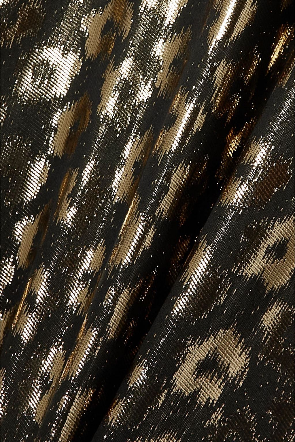 LA DOUBLEJ فستان طويل "كيرا" من الجاكار لون ميتاليك بنقوش الفهد بتأثير مزموم