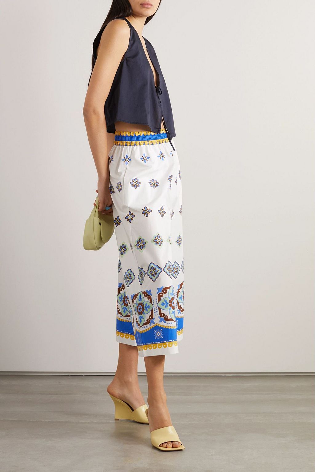 LA DOUBLEJ Printed cropped cotton-poplin wide-leg pants