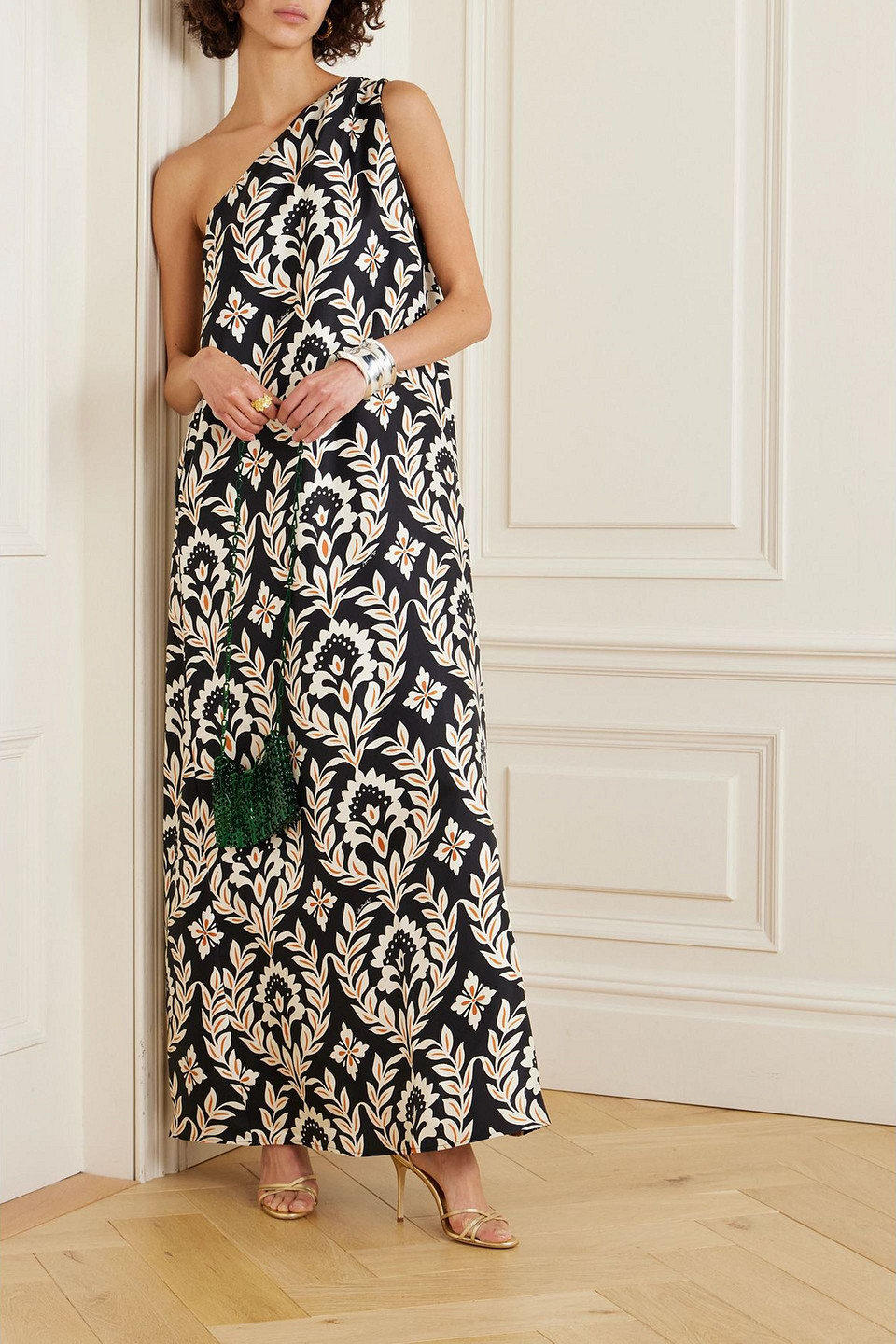 La Doublej Roy One-shoulder Floral-print Silk-twill Maxi Dress In Black
