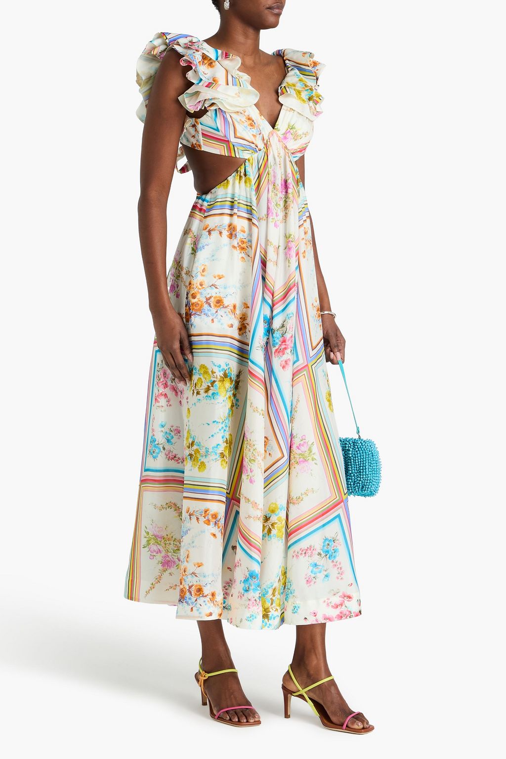 ZIMMERMANN فستان طويل من حرير شيفون مزين بطبعات وأجزاء مقصوصة