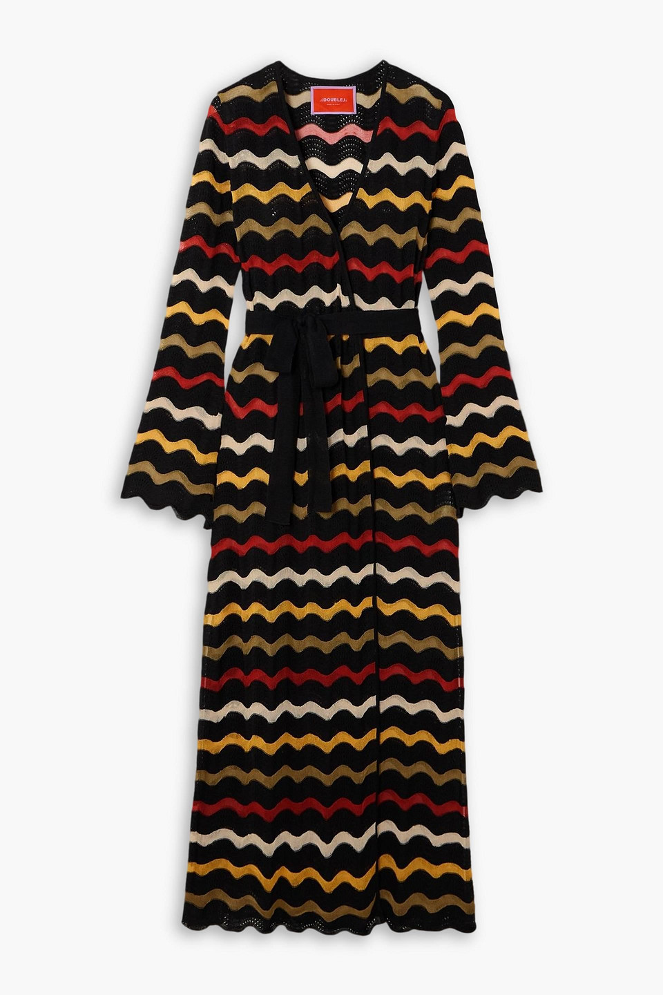 La Doublej Zephyr Belted Striped Linen-blend Midi Wrap Dress In Black