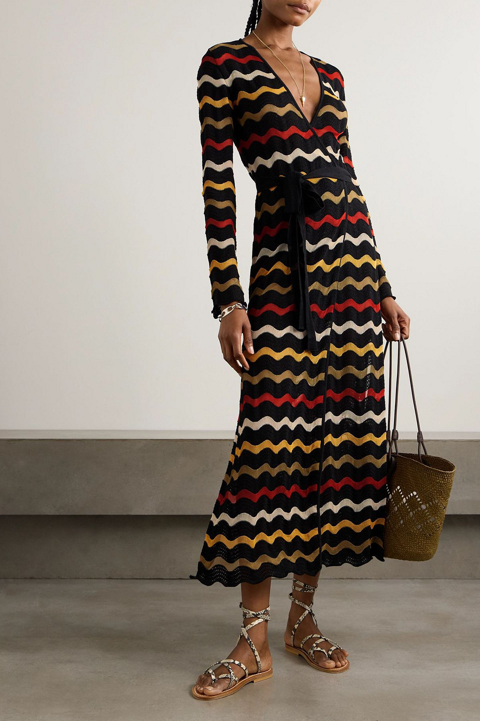 La Doublej Zephyr Belted Striped Linen-blend Midi Wrap Dress In Black