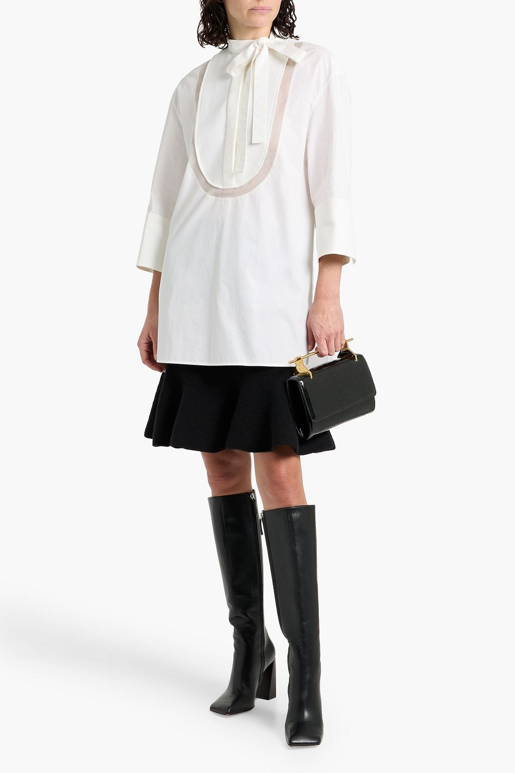 VALENTINO GARAVANI Pussy-bow cotton-piqué and poplin tunic