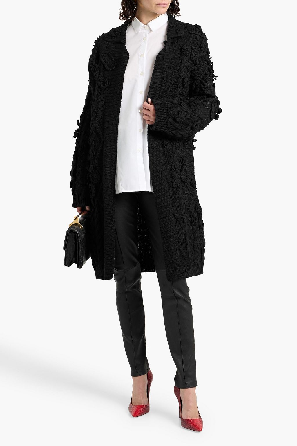 VALENTINO GARAVANI Floral-appliquéd cable-knit wool cardigan