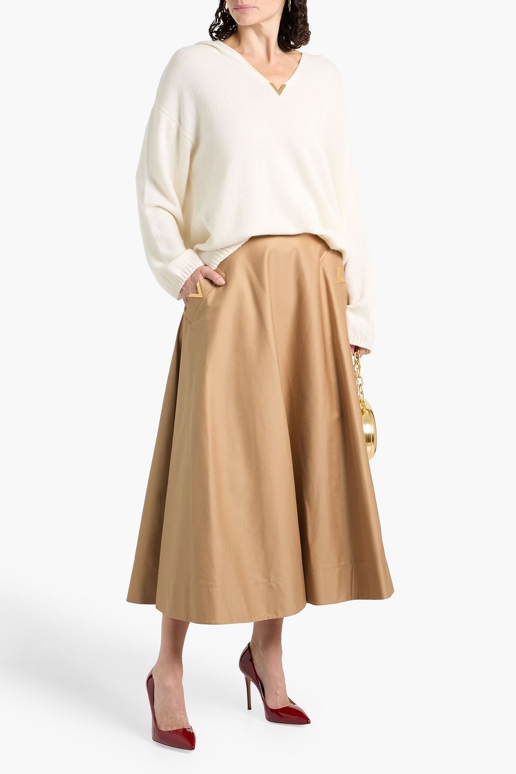 VALENTINO GARAVANI Embellished cotton-blend twill midi skirt