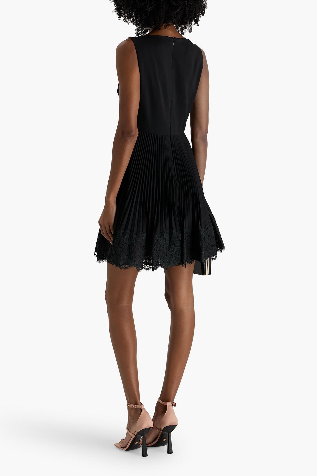 VALENTINO GARAVANI Lace-trimmed pleated wool-blend crepe mini dress