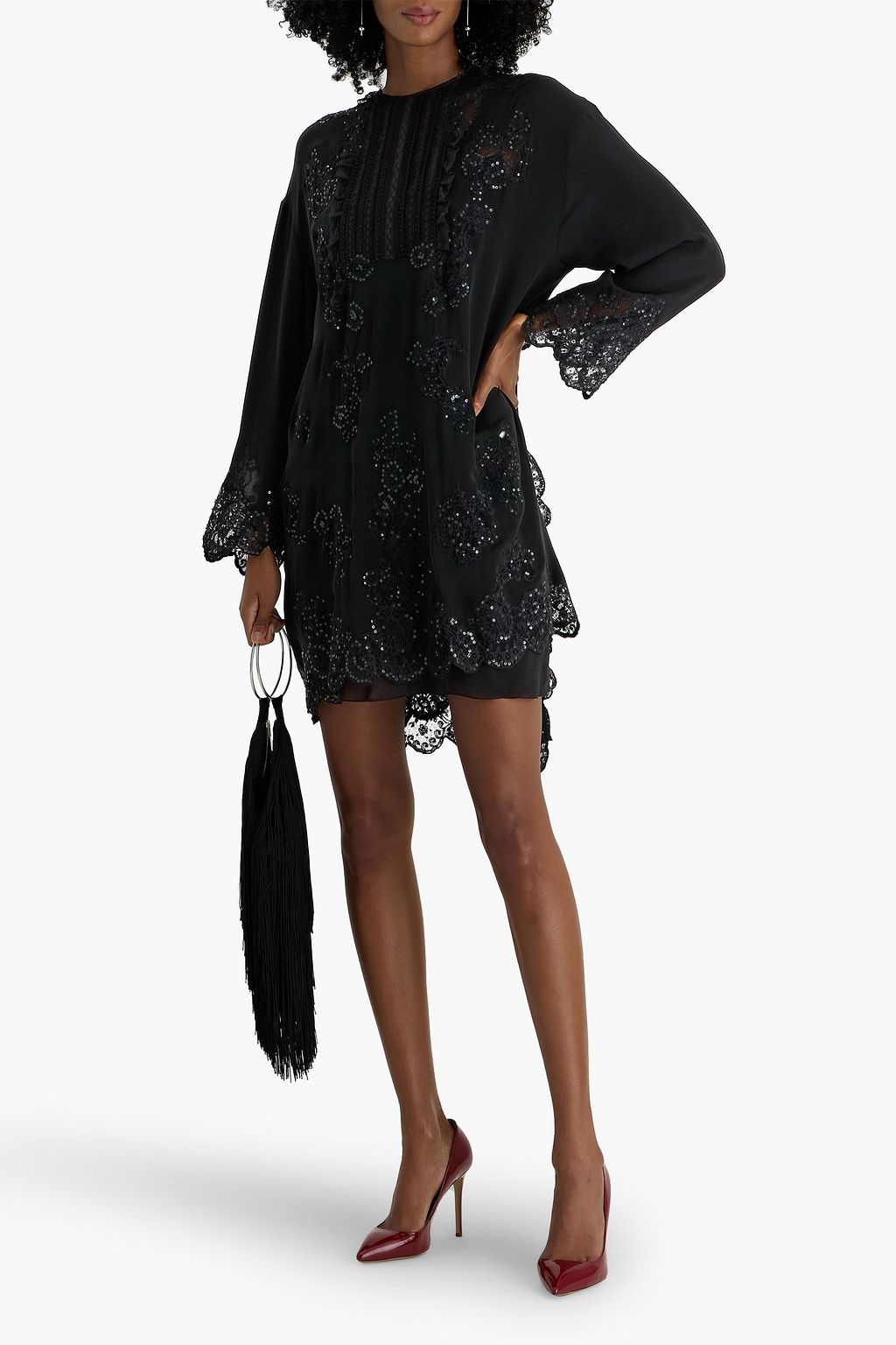 VALENTINO GARAVANI Embellished lace-paneled silk-crepe mini dress