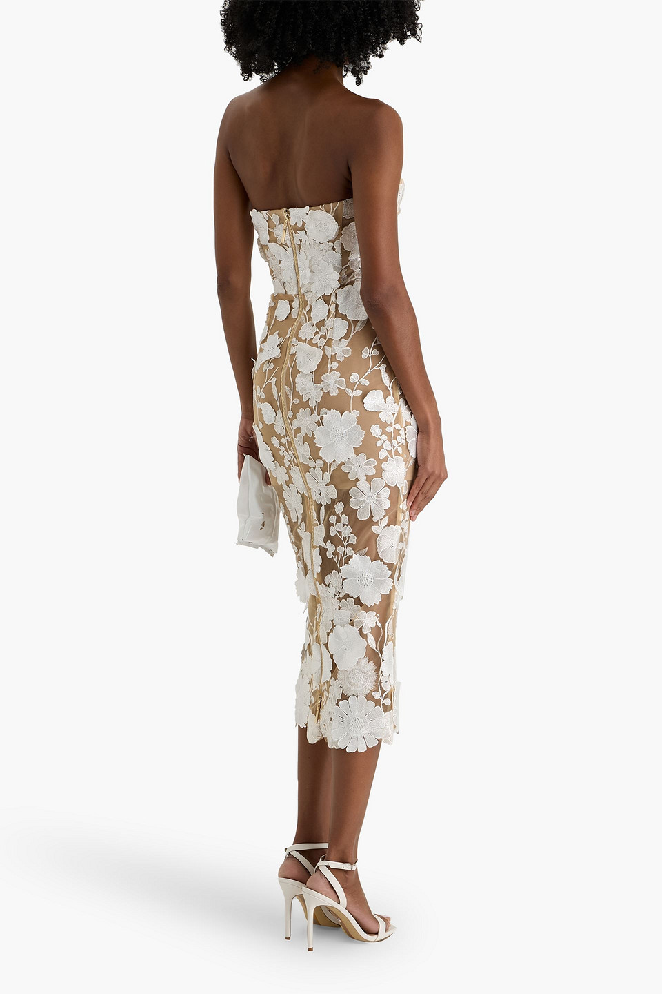 Bronx And Banco Jasmine Strapless Floral-appliquã©d Tulle Midi Dress In Brown