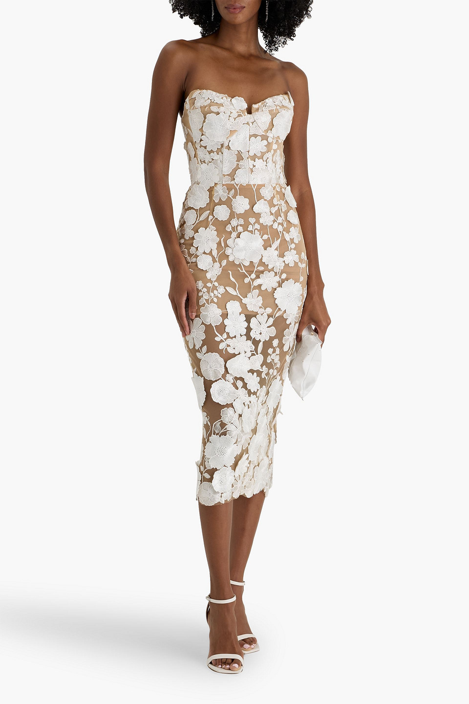 Bronx And Banco Jasmine Strapless Floral-appliquã©d Tulle Midi Dress In Brown