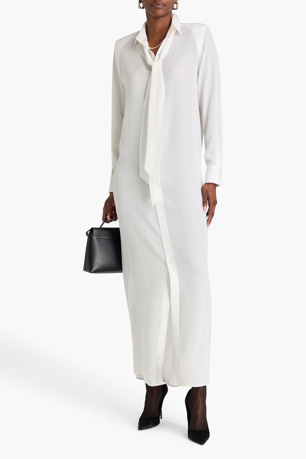 WARDROBE.NYC Pussy-bow silk crepe de chine maxi shirt dress
