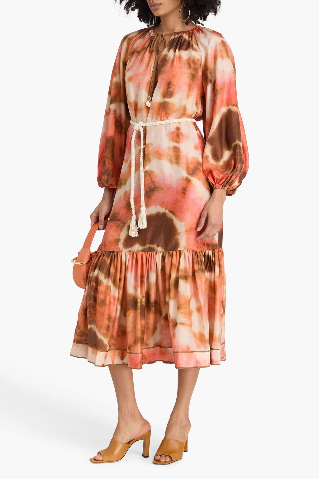 ZIMMERMANN فستان متوسط الطول من حرير شارموز الحريري بطبعات مزين بالكريستال