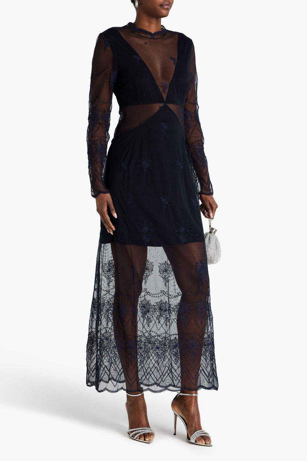 RABANNE فستان طويل من قماش التول المرن ومطرّز