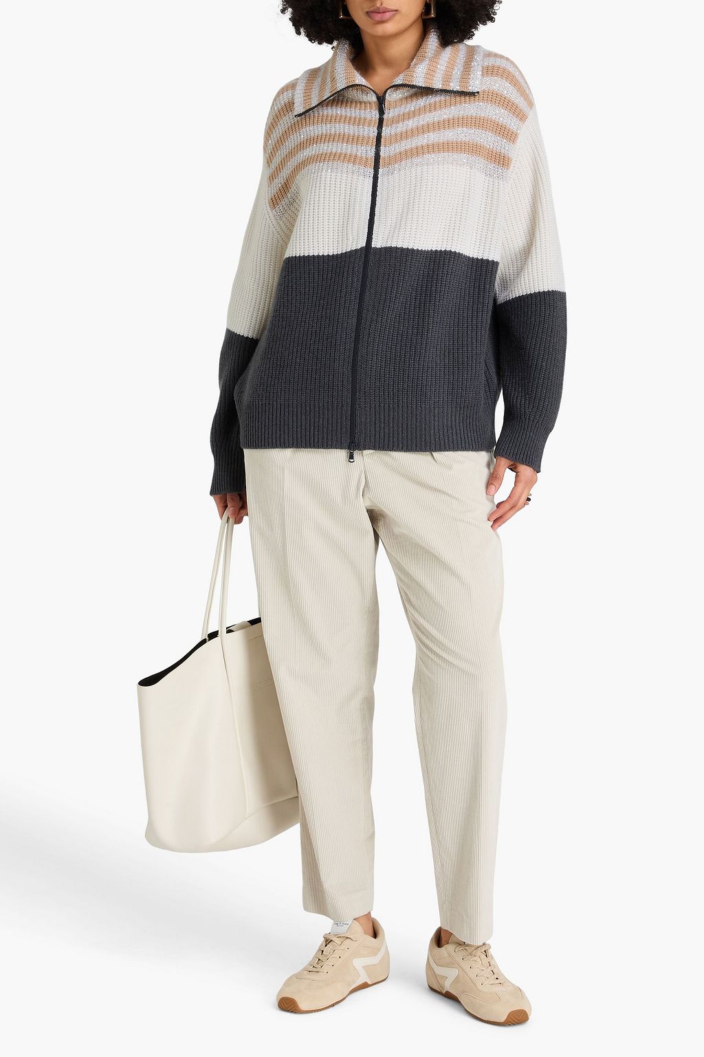 BRUNELLO CUCINELLI Striped embellished wool, cashmere and silk-blend cardigan