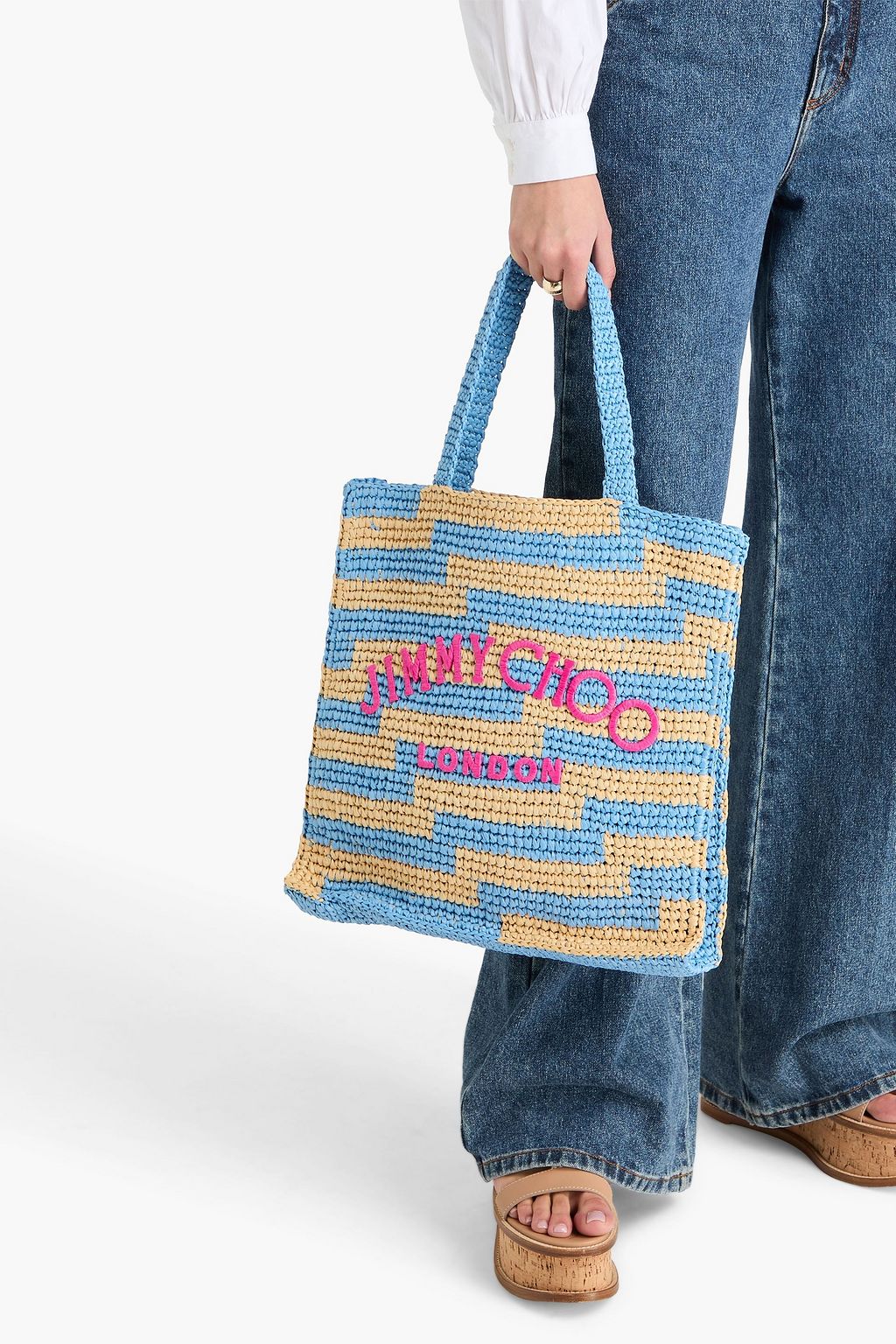 JIMMY CHOO حقيبة توت من نسيج الرافيا الصناعي