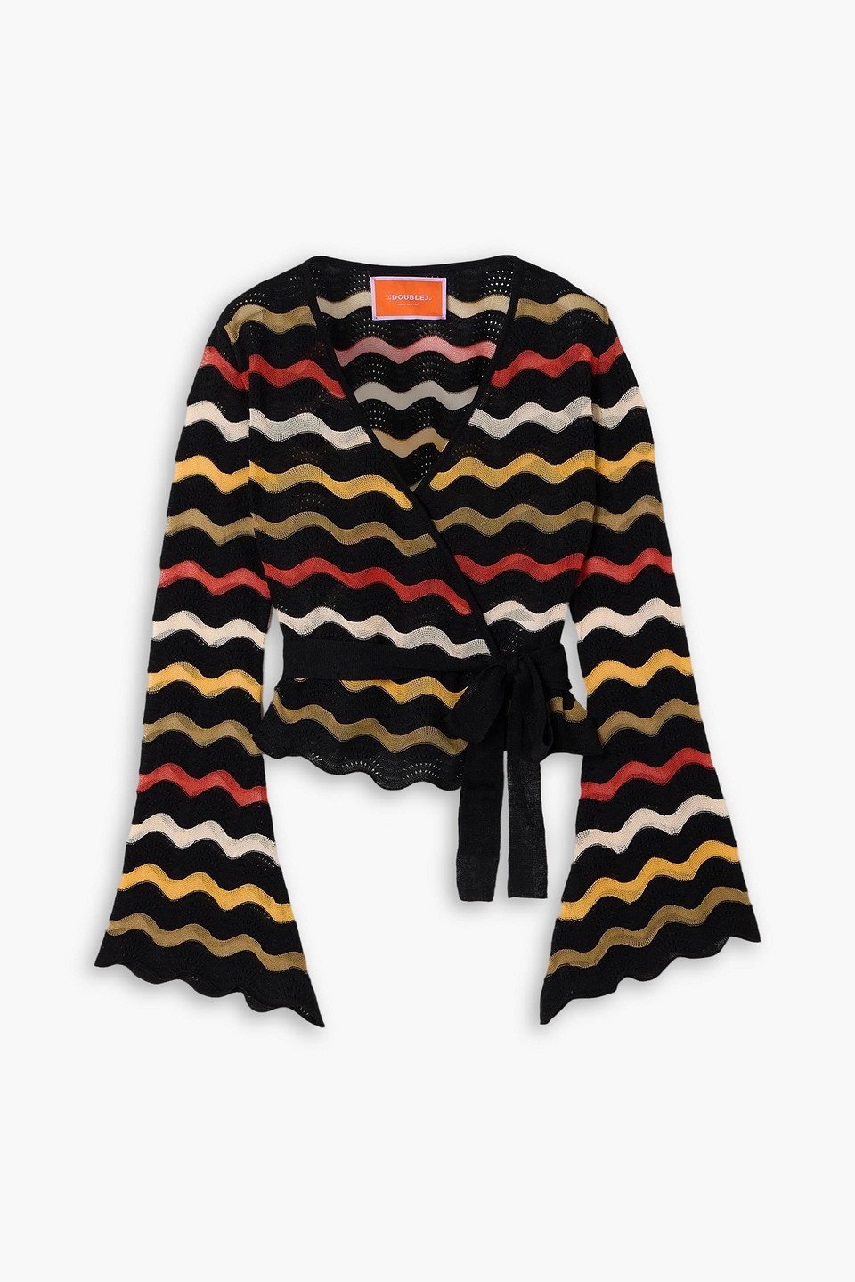 La Doublej Zephyr Scalloped Striped Pointelle-knit Linen-blend Wrap Top In Black