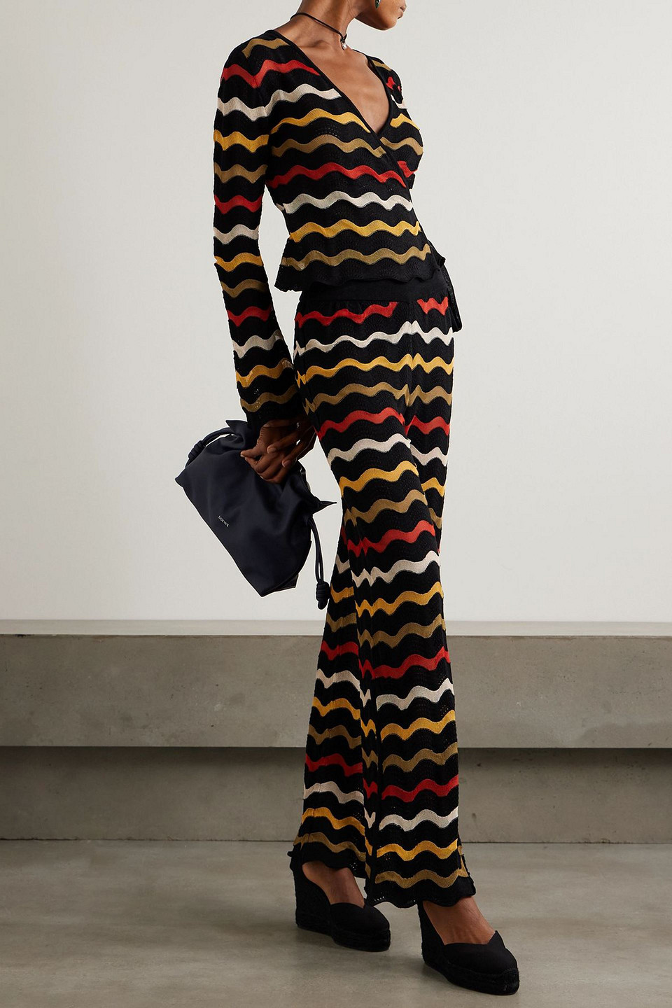 La Doublej Zephyr Scalloped Striped Pointelle-knit Linen-blend Wrap Top In Black