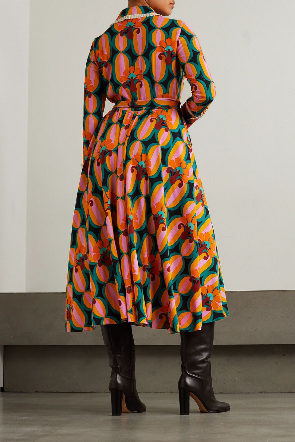 La Doublej Belted Printed Crepe Maxi Shirt Dress In Orange