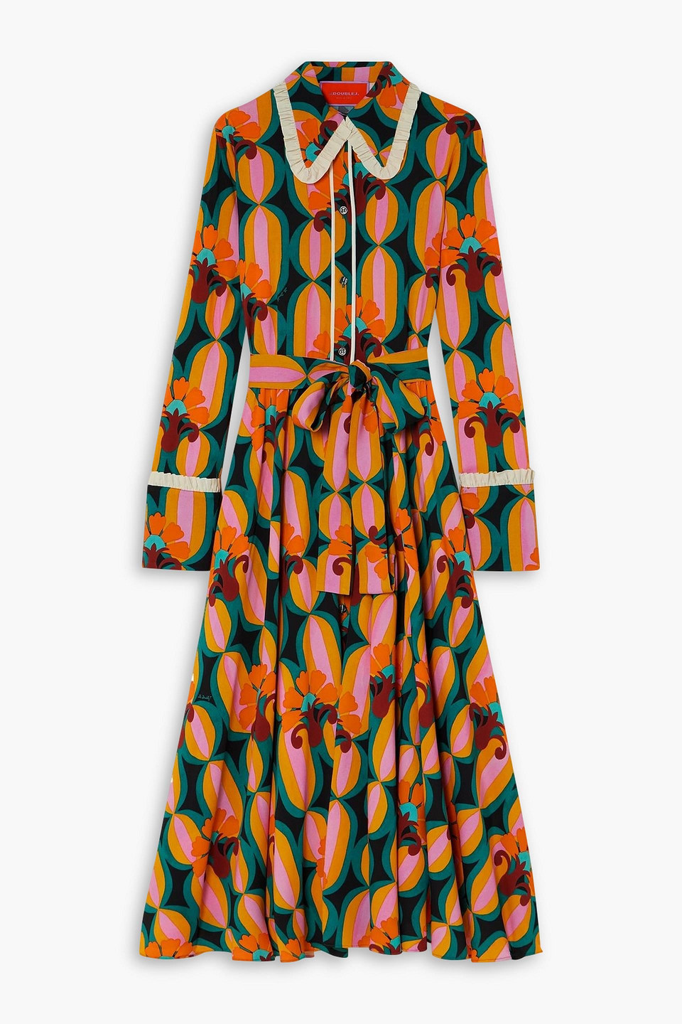 La Doublej Belted Printed Crepe Maxi Shirt Dress In Orange