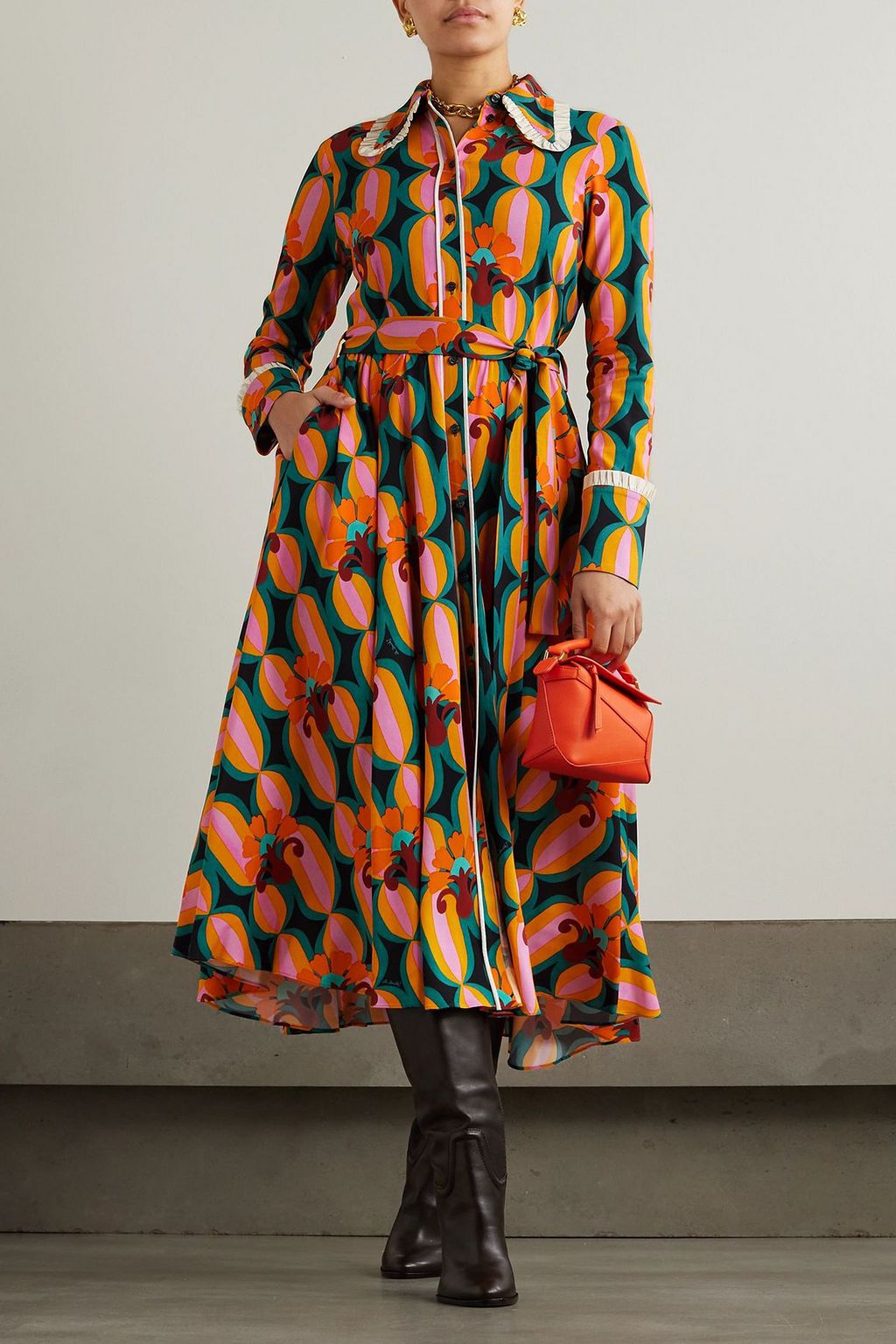 LA DOUBLEJ Belted printed crepe maxi shirt dress