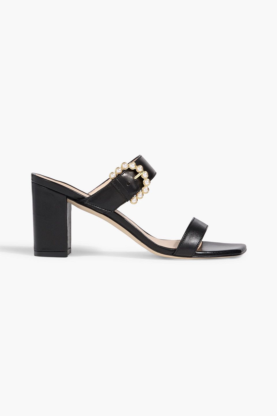 stuart weitzman - piper 75 faux pearl-embellished leather mules - black - us 7.5