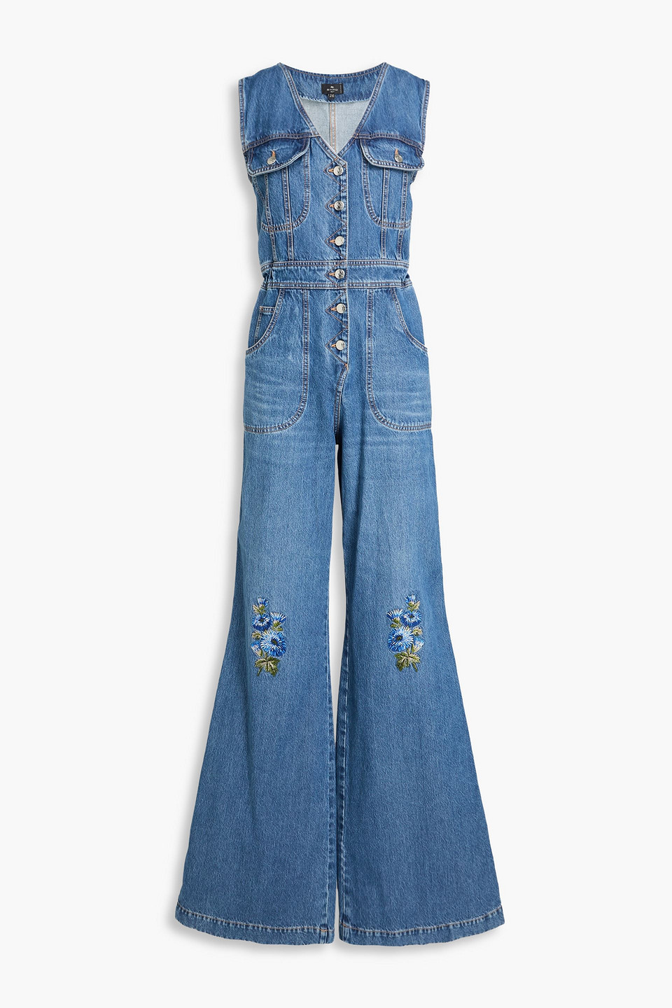 Etro Embroidered Denim Wide-leg Jumpsuit In Blue