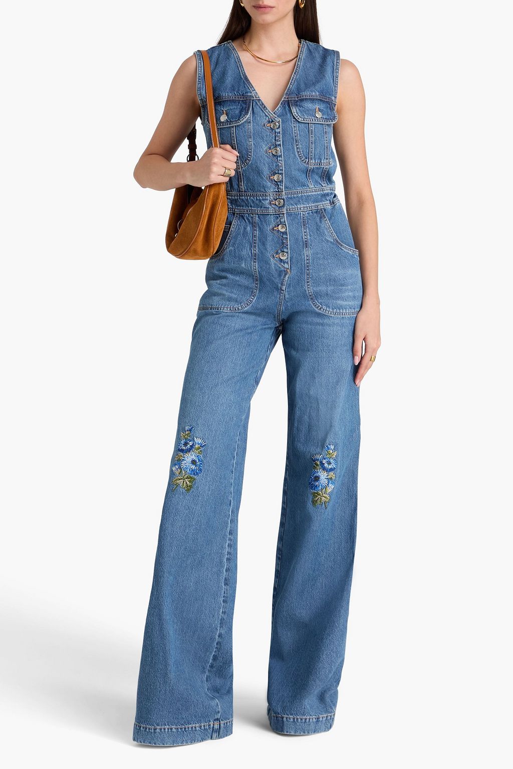 ETRO Embroidered denim wide-leg jumpsuit