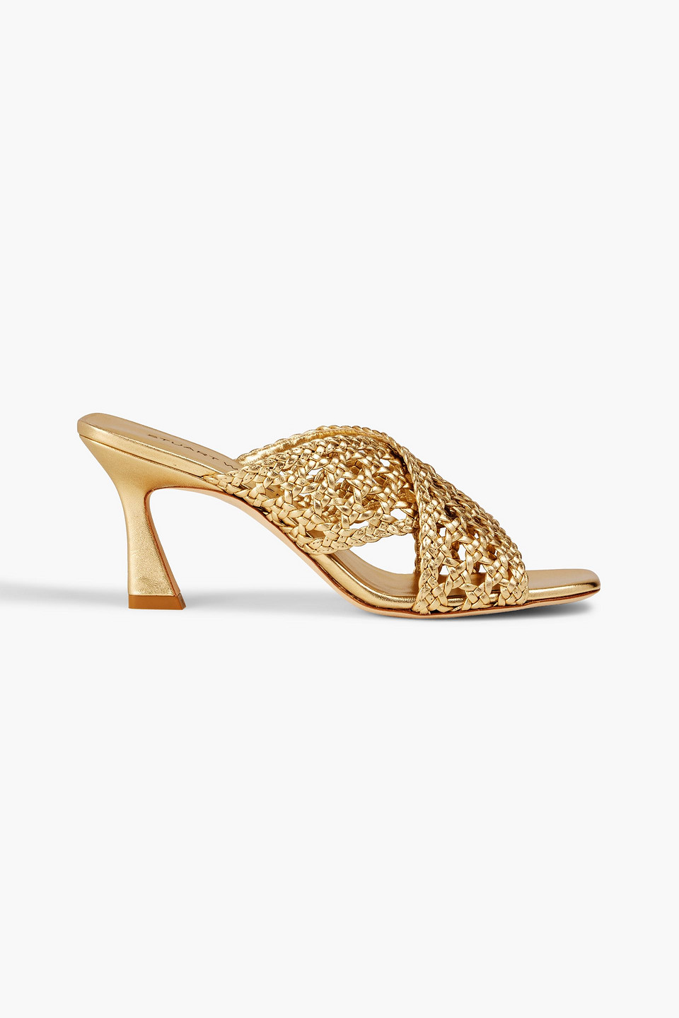 Stuart Weitzman Thea 75 Metallic Woven Leather Mules In Burgundy