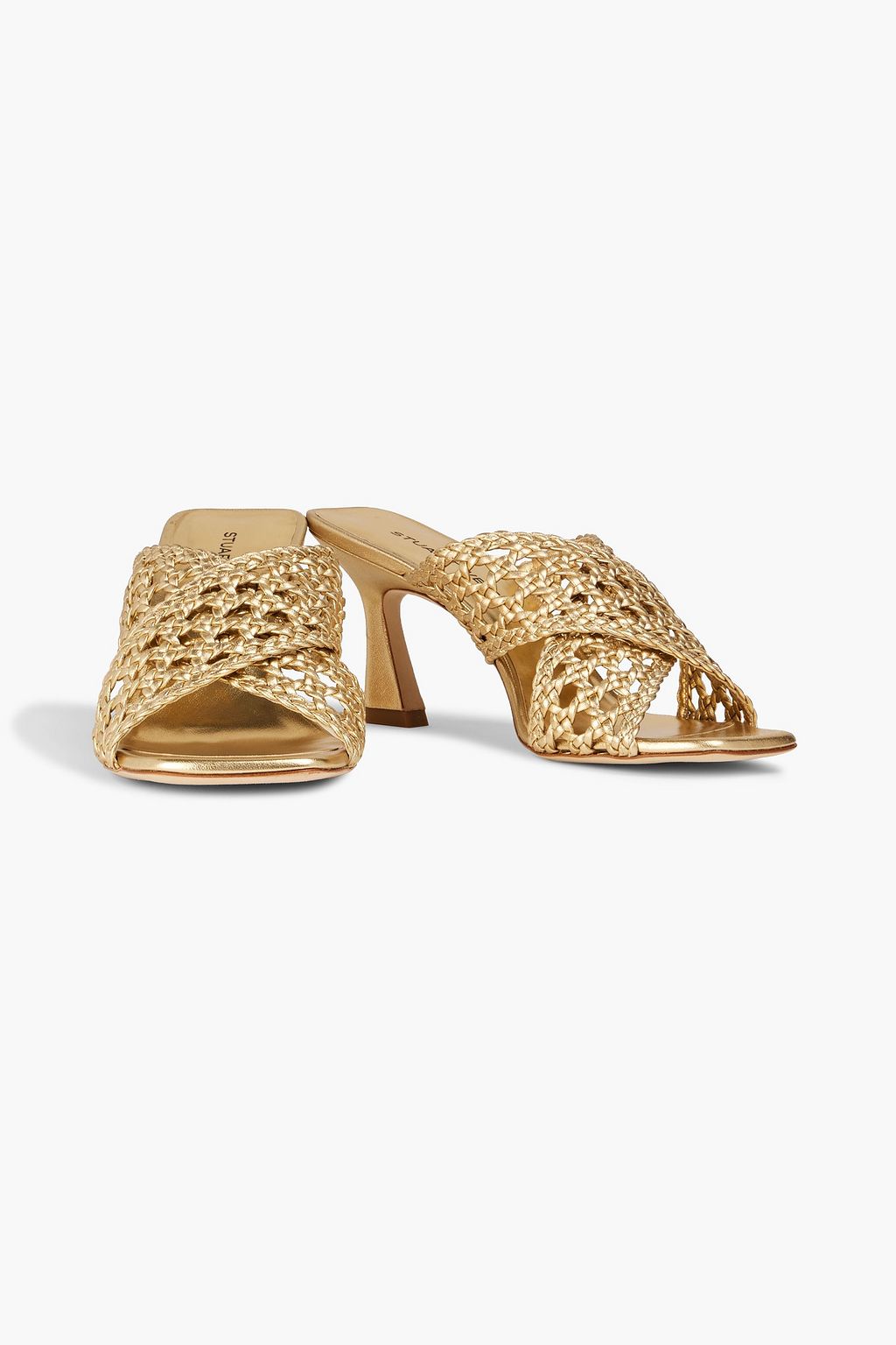 STUART WEITZMAN Thea 75 metallic woven leather mules