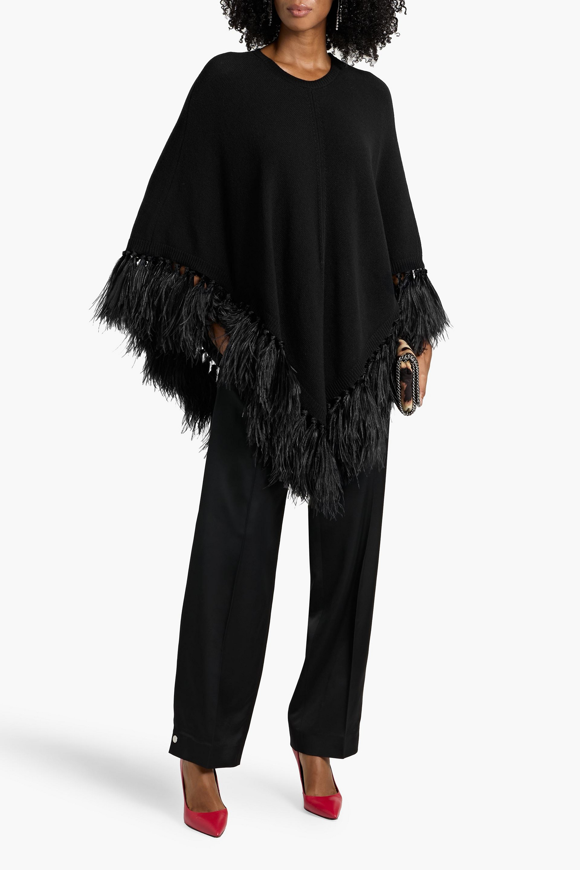 5820.VALENTINO シルク カシミヤ 混 リボン ポンチョ Valentino Garavani - Feather-trimmed wool and cashmere-blend