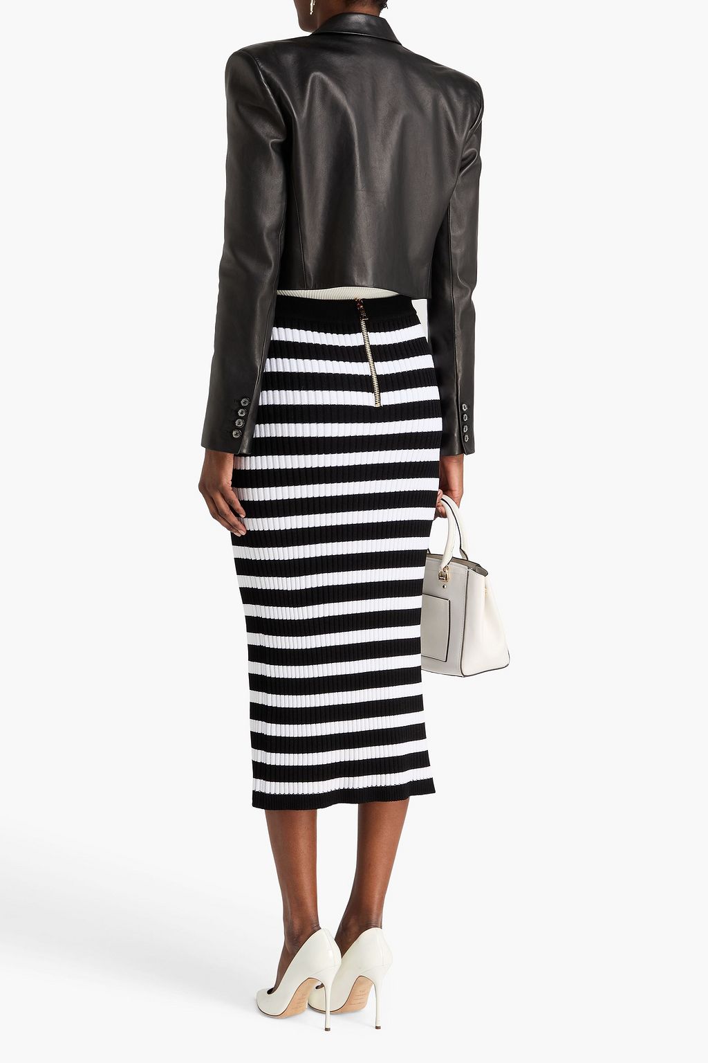 BALMAIN Embellished striped ribbed-knit midi pencil skirt