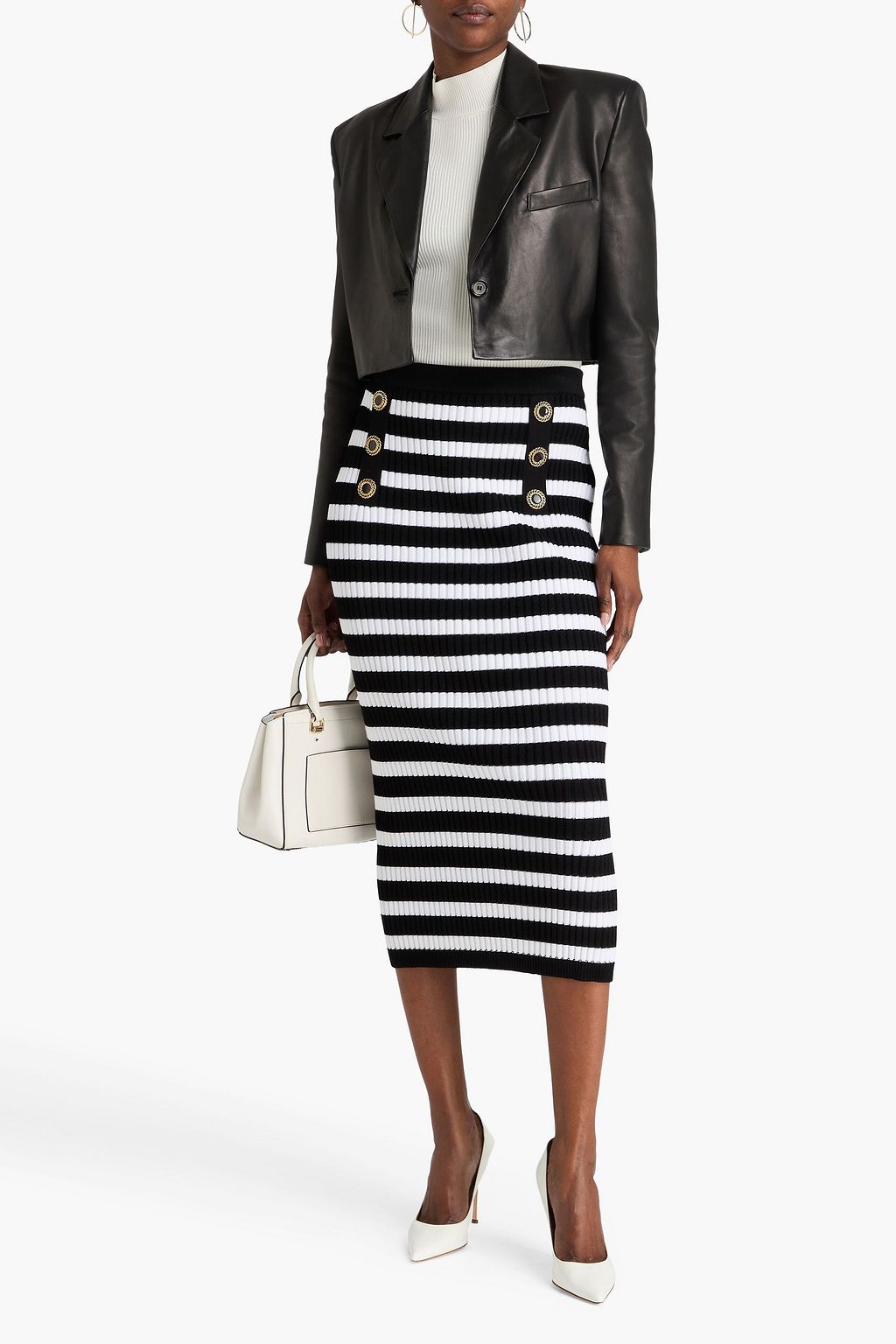BALMAIN Embellished striped ribbed-knit midi pencil skirt
