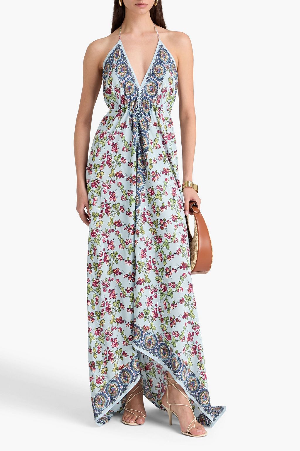 ETRO فستان طويل بياقة هالتر الدائرية من الكريب مزين بطبعات