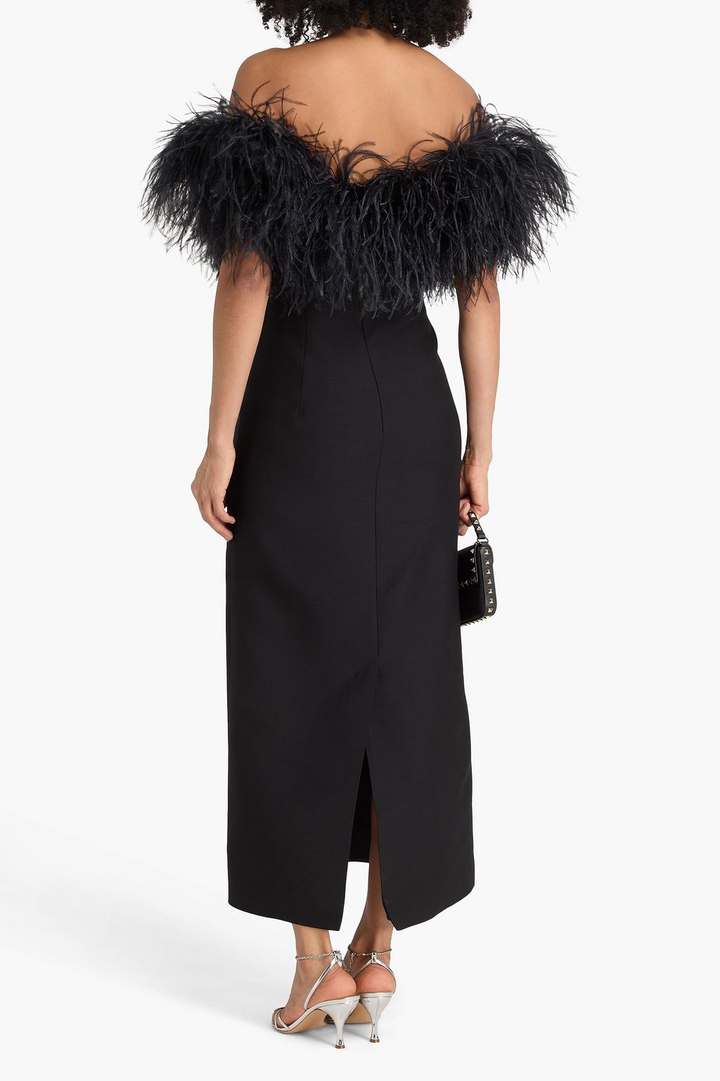 VALENTINO GARAVANI Off-the-shoulder feather-trimmed wool and silk-blend crepe gown