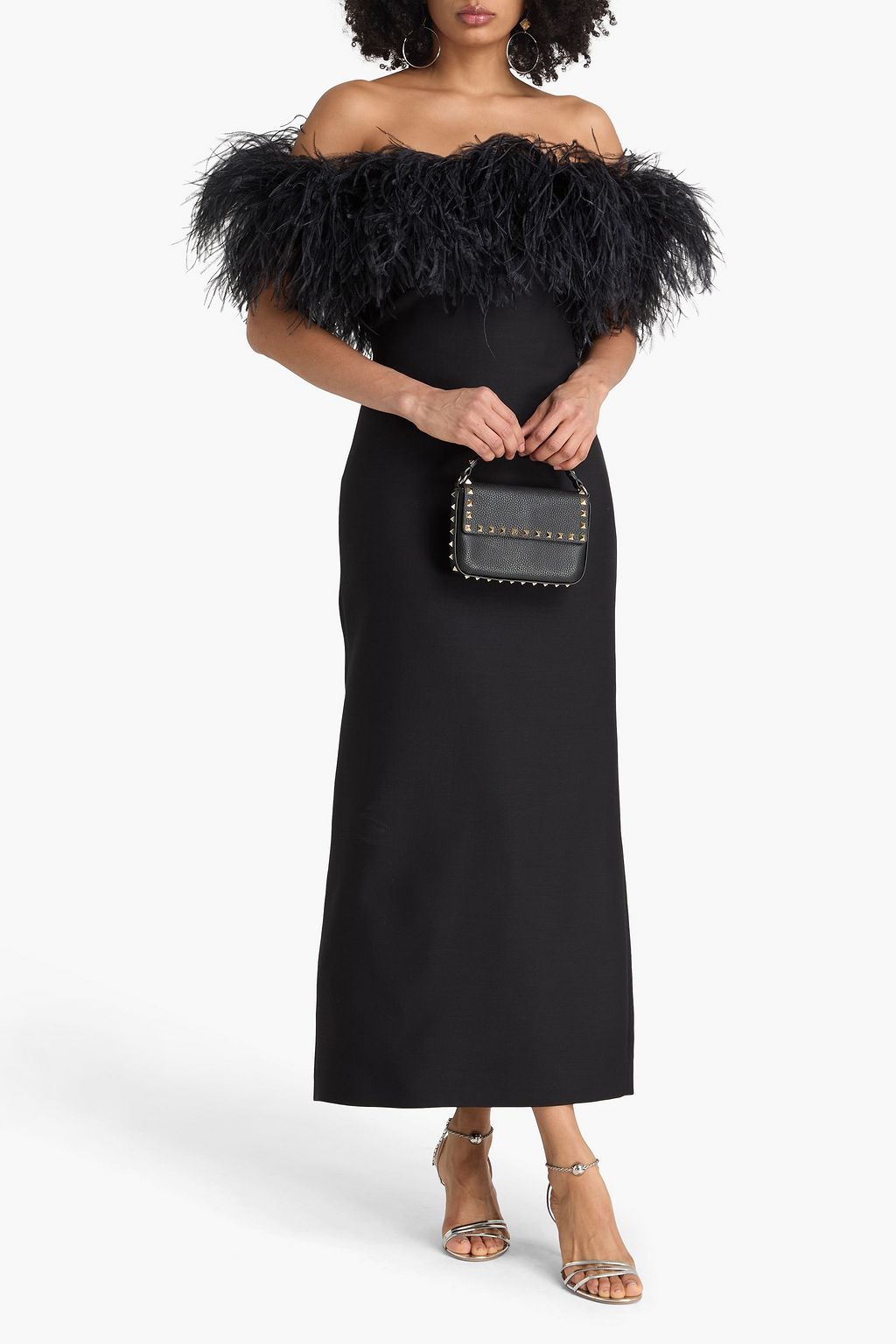 VALENTINO GARAVANI Off-the-shoulder feather-trimmed wool and silk-blend crepe gown