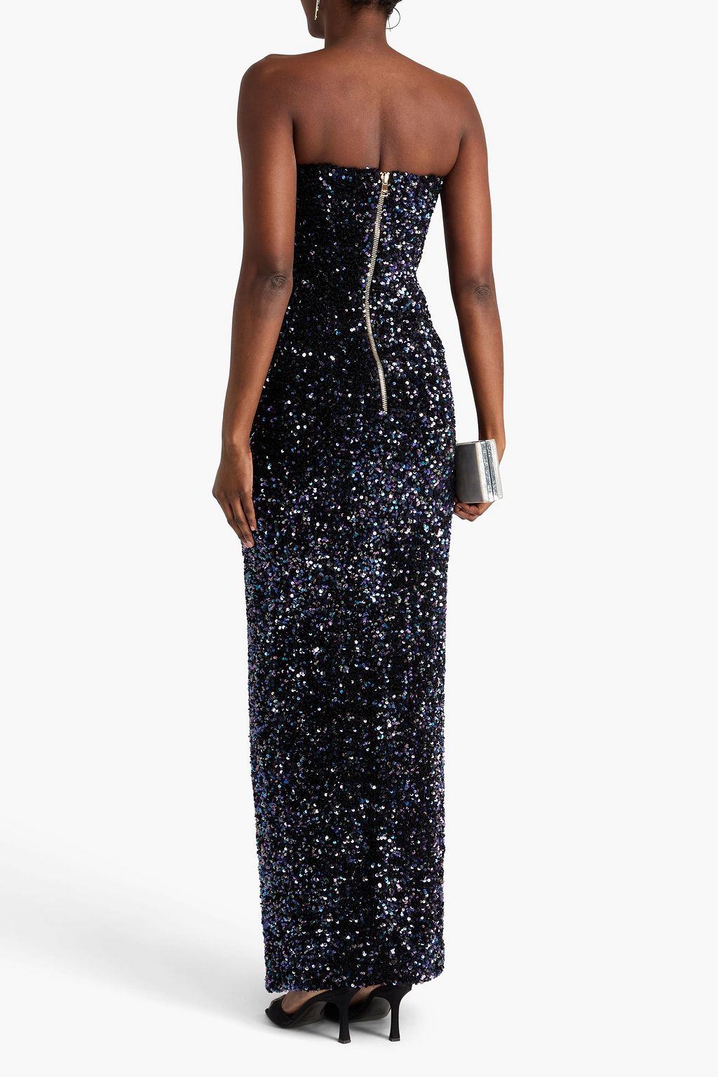 BALMAIN فستان سهرة بدون حمالات من المخمل المطاط مزين بأقراص برّاقة