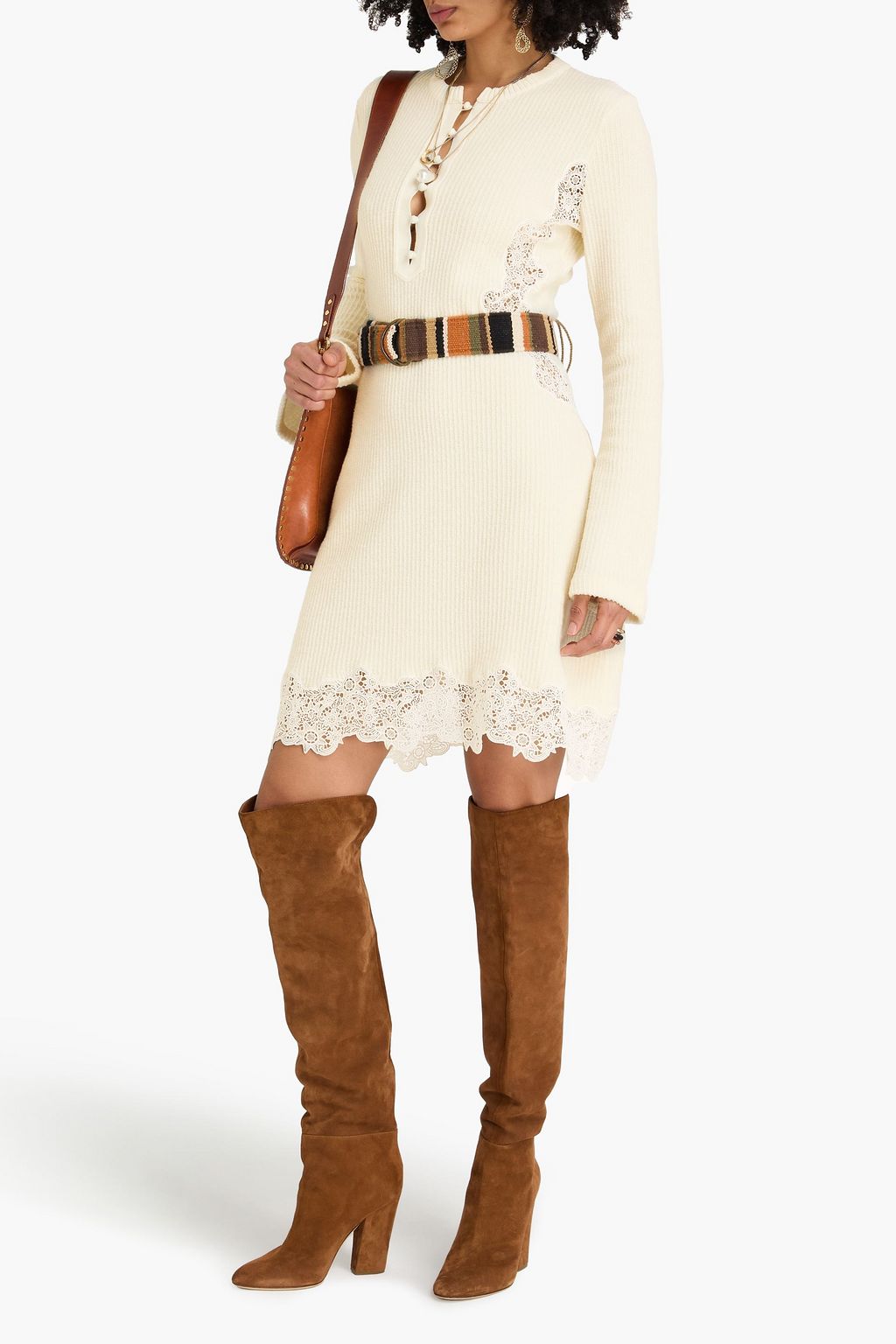 CHLOÉ Lace-trimmed ribbed wool mini dress