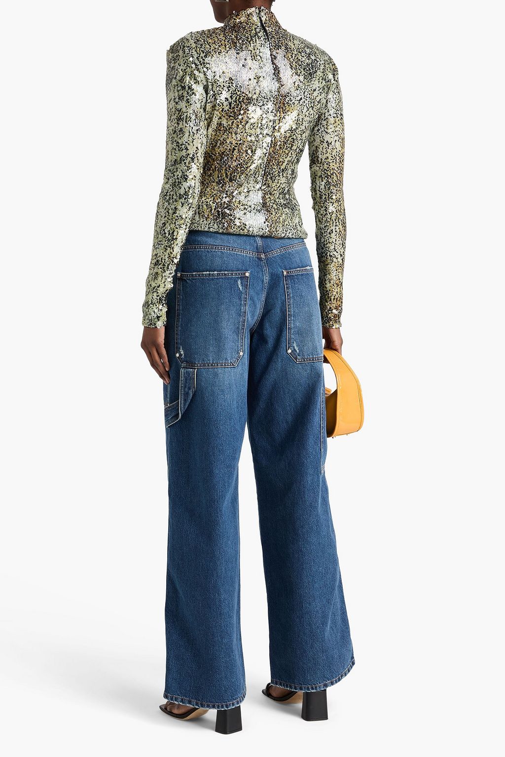 STELLA MCCARTNEY توب بياقة عالية من القماش الشبكي المرن المطبوع برسومات المزين بأقراص براقة