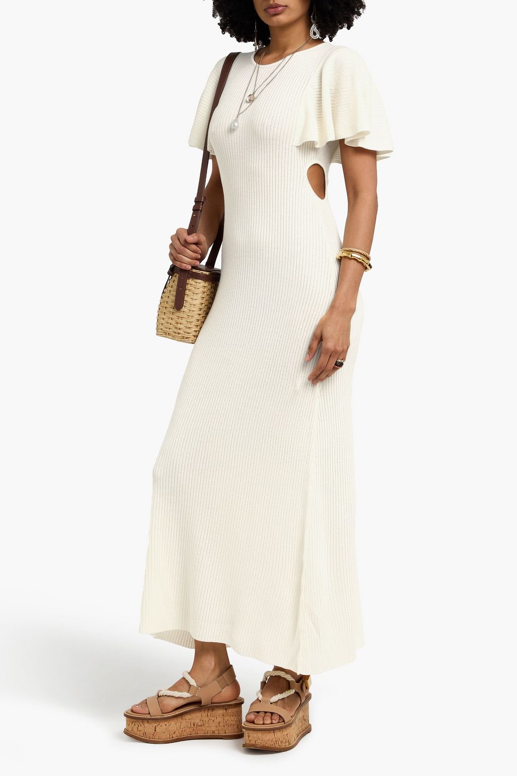 CHLOÉ فستان طويل من الصوف المضلّع وفتحات