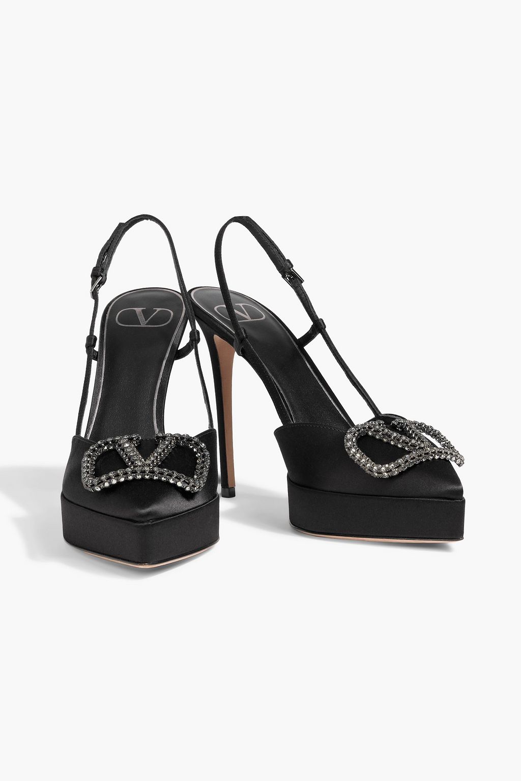 VALENTINO GARAVANI VLOGO Signature crystal-embellished satin platform slingback pumps