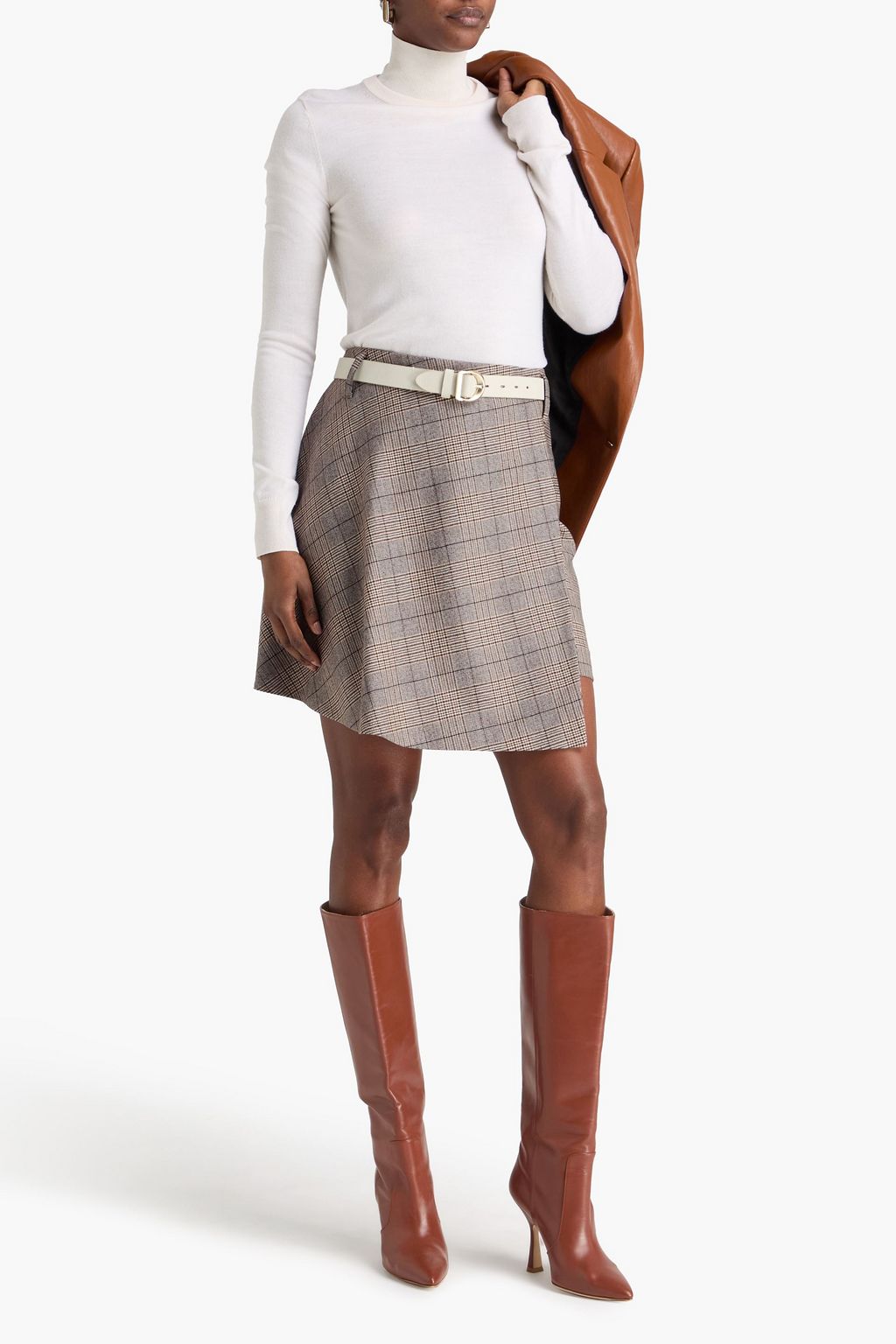 BRUNELLO CUCINELLI Wrap-effect Prince of Wales checked wool-blend mini skirt