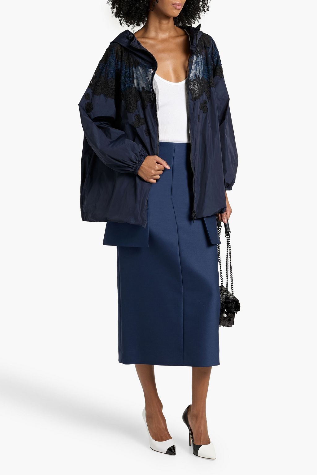 VALENTINO GARAVANI Two-tone lace-paneled shell hooded jacket