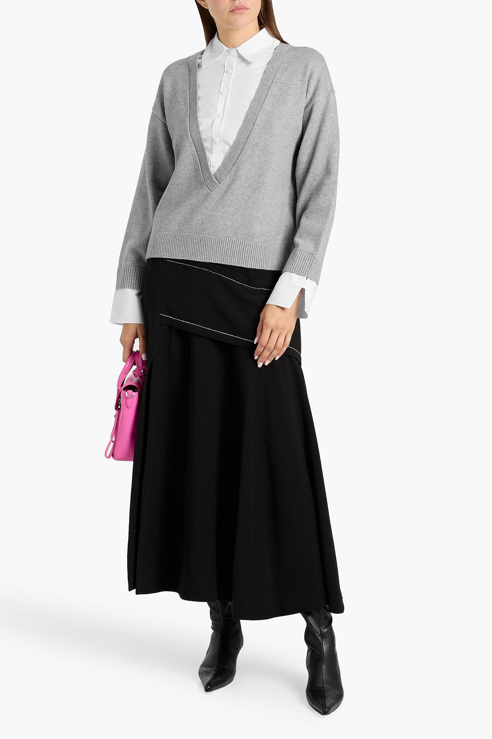 Derek Lam 10 Crosby Rida Layered Poplin And Cotton And Cashmere-blend Top In Gray